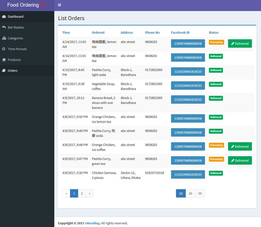 Food Ordering Chatbot Backend - Order List