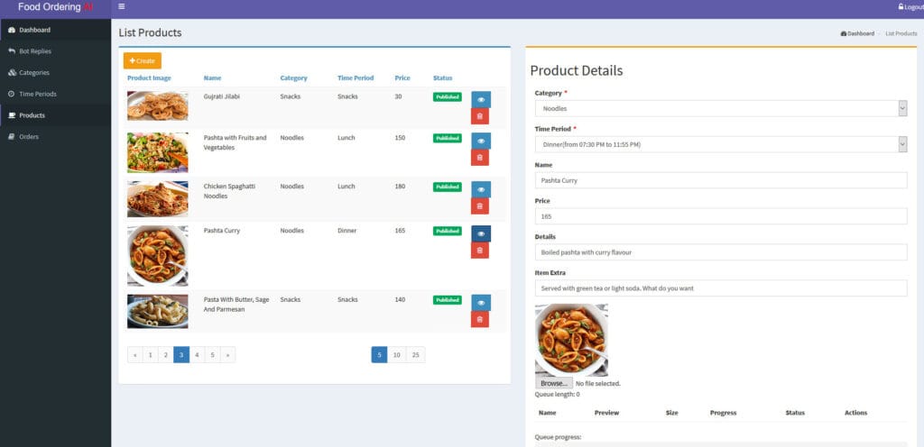 Food Ordering Chatbot Backend - Product List with Details