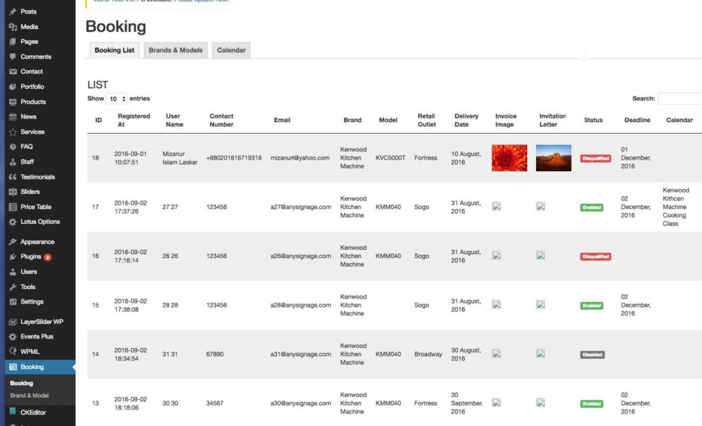 Cooking Class Booking WordPress Plugin - Booking Management in the Backend
