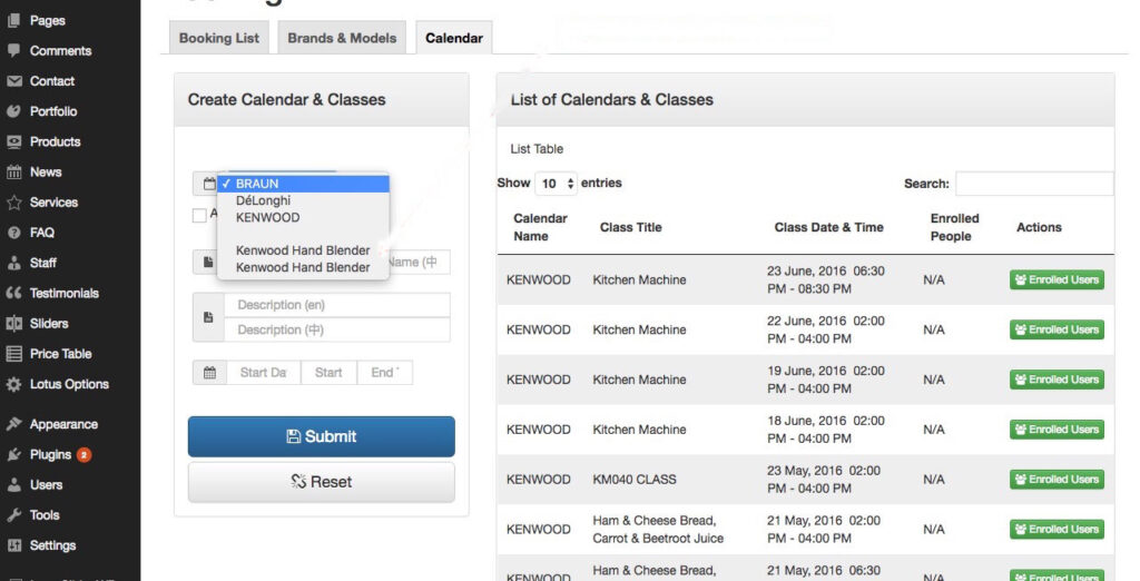 Cooking Class Booking WordPress Plugin - Calendar & Class Management in the Backend