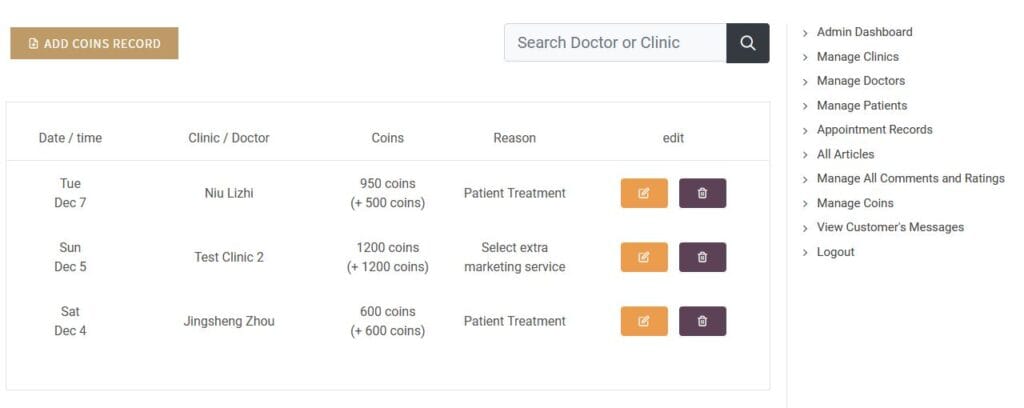 Doctor Booking Platform - Manage Coins for Doctors and Clinics
