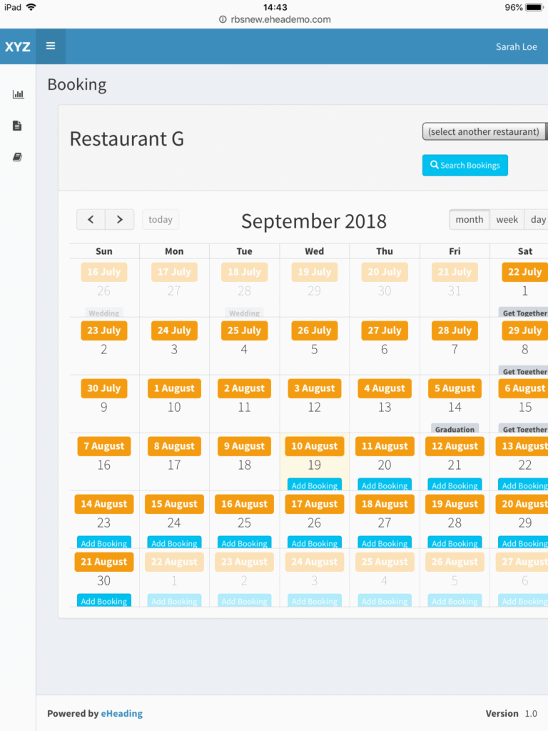 Restaurant Booking System - Booking Calendar