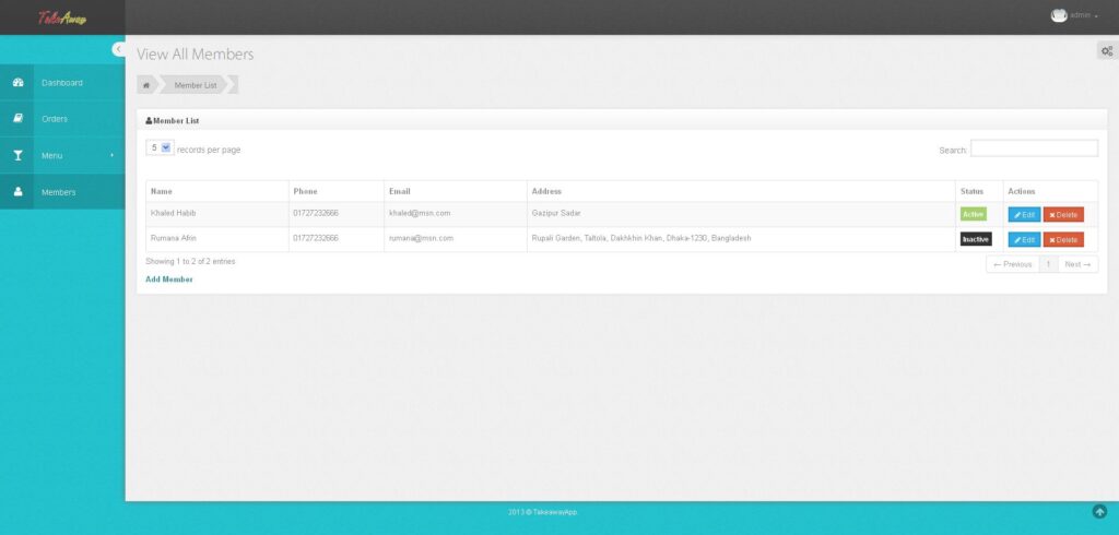 TakeAway Backend - Members