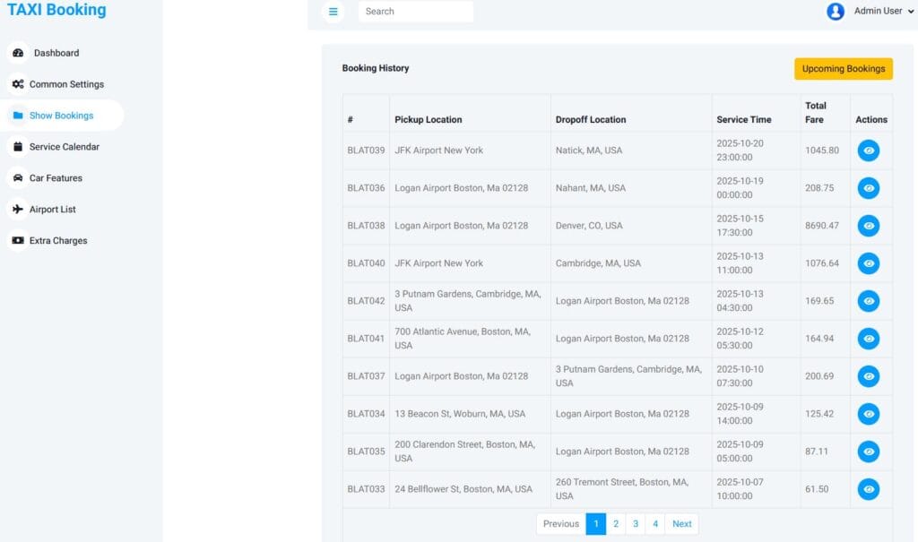 TAXI Booking Service Backend - Previous Bookings