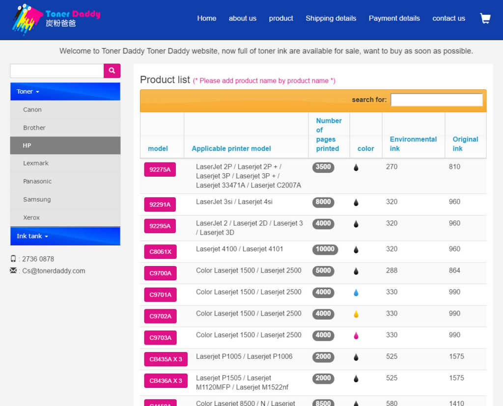 Toner Daddy - Category-Wise List