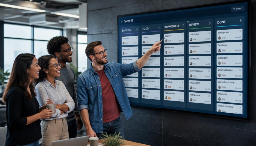 A confident team celebrating alignment and clarity around an organized workspace